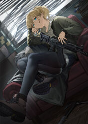  1girl axe black_pantyhose blonde_hair blue_eyes book bullet couch green_jacket head_on_hand head_tilt highres holding holding_weapon hood hoodie jacket kalashnikov_rifle looking_at_viewer on_couch original pantyhose ponytail rff_(3_percent) shoes shorts sitting sneakers solo sunlight weapon weapon_request 