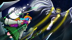  1boy 1girl absurdres aerial_battle ahoge android arm_cannon battle black_hat black_jacket black_thighhighs body_freckles bow breasts broken_moon carbonated-jem clash curly_hair duel face_filter fewer_digits fighting floating floating_object floating_sword floating_weapon freckles glowing glowing_eyes green_eyes green_shrug grey_hair hair_bow hat highres humanoid_robot jacket long_hair long_sleeves machine mechanical_arms mechanical_head mechanical_legs mechanical_tail mechanical_wings moon murder_drones n_(murder_drones) neon_trim open_mouth orange_hair oversized_wings penny_polendina robot rocket_boots rwby science_fiction screen short-sleeved_jacket short_hair short_sleeves shoulder_freckles shrug_(clothing) skirt star_(sky) sword tail thigh-highs trait_connection two-tone_hat vs weapon weapon_formation wings yellow_eyes 