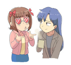  2girls amami_haruka blue_hair bow breast_pocket brown_hair brown_jacket closed_mouth collared_jacket commentary_request cropped_torso cup hair_bow hands_up heart heart-shaped_eyewear holding holding_cup idolmaster idolmaster_(classic) jacket kisaragi_chihaya lapels long_hair long_sleeves looking_at_another mug multiple_girls multiple_hair_bows notched_lapels pink_jacket pocket pointing pointing_at_another raised_eyebrow red-tinted_eyewear red_bow short_hair simple_background smug sunglasses tinted_eyewear tsubobot white_background 