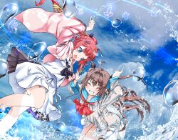  2girls :d ^_^ absurdres ahoge arm_up ascot atri atri-my_dear_moments- black_ascot black_ribbon blue_eyes blue_sailor_collar blue_sky blunt_bangs blush braid brown_hair bug butterfly cherry_blossom_print closed_eyes clouds commentary_request crossover day dress dutch_angle fake_horns feet_out_of_frame floating_hair floral_print floral_print_kimono glowing_butterfly grin hair_between_eyes hair_intakes hair_ornament hair_ribbon hand_up happy heart heart_of_string highres holding_hands horns interlocked_fingers japanese_clothes kamiyama_shiki kimono leaning_forward long_hair long_sleeves looking_at_another multiple_girls open_clothes open_kimono open_mouth outdoors pink_kimono ponytail print_kimono red_ascot red_hair ribbon sailor_collar sailor_dress school_uniform serafuku shirt skirt sky smile sparkle standing summer_pockets summer_pockets_school_uniform tassel tassel_hair_ornament teeth twin_braids two_side_up upper_teeth_only v-shaped_eyebrows very_long_hair water water_drop white_sailor_collar white_serafuku white_shirt white_skirt wide_sleeves yoyoyo. 
