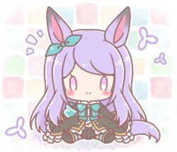 1girl animal_ears black_boots black_jacket black_skirt blush_stickers boots chibi closed_mouth colored_shadow commentary_request ear_ribbon fold-over_boots frilled_jacket frills green_ribbon highres horse_ears horse_girl horse_tail jacket long_hair mejiro_mcqueen_(frontline_elegance)_(umamusume) mejiro_mcqueen_(umamusume) mitarashi_neko navel notice_lines pleated_skirt purple_hair ribbon shadow shoe_soles sitting skirt smile solo striped_clothes striped_thighhighs swept_bangs tail thigh-highs thighhighs_under_boots umamusume very_long_hair violet_eyes 