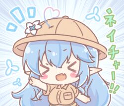  >_< 1girl :d ahoge blue_hair blush_stickers breasts brown_helmet brown_shirt chibi closed_eyes collared_shirt commentary_request dress_shirt emphasis_lines fang gradient_hair hair_between_eyes hair_through_headwear heart heart_ahoge helmet highres hololive large_breasts long_hair mitarashi_neko multicolored_hair notice_lines outstretched_arm pink_hair pith_helmet pointing pointy_ears polka_dot polka_dot_background shirt short_sleeves smile solo streaked_hair translation_request upper_body v-shaped_eyebrows very_long_hair virtual_youtuber xd yukihana_lamy 