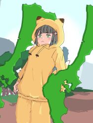  1girl :c animal_ear_hood animal_ears black_hair blunt_bangs closed_mouth cowboy_shot floating floating_object flower flower_knot fox_ears fox_girl fox_tail frown green_eyes hair_flower hair_ornament highres holiday_holiday_(love_live!) holiday_holiday_(tenko)_(love_live!) hood hood_up hoodie ishikawa_prefecture link!_like!_love_live! long_sleeves love_live! momose_ginko outdoors pants pink_flower sinjukuiti solo tail virtual_youtuber yellow_hoodie yellow_pants 