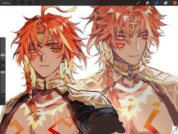  1boy ahoge armor art_program_in_frame black_shrug blonde_hair body_markings braid circlet closed_mouth colored_inner_hair commentary cropped_torso dark-skinned_male dark_skin earrings eyeshadow facial_mark gem genshin_impact gold_armor gold_earrings green_gem hair_between_eyes hair_ornament hair_tubes highres huge_ahoge jewelry looking_at_viewer looking_to_the_side makeup male_focus multicolored_hair multiple_views muscular muscular_male neck_ring pectorals red_eyes red_eyeshadow red_hair short_hair shoulder_armor shrug_(clothing) side_braid simple_background single_braid single_earring single_hair_tube smile sparkle unfinished upper_body white_background xbalanque_(genshin_impact) xiaoxiannuyiming 