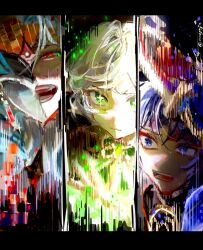  1girl 2boys black_background black_hat blue_jingasa bright_pupils choppy_bangs closed_mouth column_lineup cross-shaped_pupils crossed_bangs dottore_(genshin_impact) dress eyelashes eyeliner gem genshin_impact glitch glitch_art gold green_gem half_mask hat highres innagaja jingasa looking_at_viewer looking_to_the_side makeup mask multiple_boys nahida_(genshin_impact) open_mouth pointy_ears purple_hair red_eyeliner red_eyes red_gem red_hat scaramouche_(genshin_impact) symbol-shaped_pupils teeth tsurime twitter_username two-tone_hat violet_eyes wanderer_(genshin_impact) white_dress white_hair white_pupils 