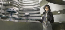  1girl black-framed_eyewear black_eyes black_gloves black_hair building closed_mouth coat collared_dress copyright_name copyright_notice cross_tie dress glasses gloves grey_coat hallway hand_in_pocket hand_on_railing highres logo looking_up medium_hair official_art official_wallpaper reverse:1999 semi-rimless_eyewear solo under-rim_eyewear upper_body white_dress wide_shot z_(reverse:1999) 