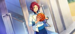  1boy ball bangs_pinned_back basketball_(object) blue_necktie clenched_teeth curtained_hair door ensemble_stars! feature_scout_1_(ensemble_stars!) fingernails floating_clothes game_cg green_eyes hands_up happy_elements holding holding_ball isara_mao lapels layered_clothes long_sleeves looking_at_viewer male_focus necktie notched_lapels official_art one_eye_closed outdoors short_hair smile solo stairs teeth third-party_source three-quarter_sleeves upper_body 