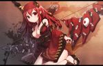  arrow blush bow_(weapon) breasts cleavage eyeball highres horns huge_bow huge_weapon japanese_clothes kimono letterboxed long_hair long_sleeves looking_at_viewer obi off_shoulder ofuda original red_eyes red_hair redhead sash solo weapon wide_sleeves zenn 