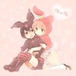  animal_ears apron blush boots bunny_ears character_request conago elbow_gloves embarrassed flower gloves heart hug hug_from_behind kneehighs kuromi multiple_girls my_melody onegai_my_melody personification pink_background rabbit_ears sitting striped striped_legwear thigh-highs thighhighs white_legwear zettai_ryouiki 