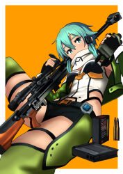  1girl ammunition ammunition_box anti-materiel_rifle black_gloves black_leotard black_shorts black_trim blue_eyes blue_hair bolt_action border breasts bullet clip_(weapon) covered_mouth cowboy_shot cropped_jacket detached_pants double-parted_bangs fingerless_gloves gloves green_jacket green_pants gun hair_between_eyes hair_ornament hairclip hands_up highleg highleg_leotard highres holding holding_weapon jacket leotard long_sleeves looking_at_viewer medium_breasts medium_hair multicolored_jacket multicolored_leotard open_clothes open_jacket orange_background orange_leotard outside_border pants pgm_hecate_ii rifle scarf short_shorts shorts sidelocks sinon skindentation sniper_rifle solo sword_art_online thigh_strap timmyyen two-tone_jacket variant_set weapon white_border white_jacket white_leotard white_scarf 