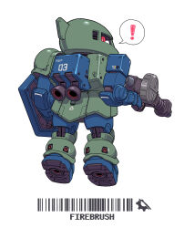  ! artist_name chibi commentary firebrush from_behind gun gundam highres holding holding_gun holding_shield holding_weapon looking_at_viewer looking_back mecha mecha_focus mobile_suit mobile_suit_gundam no_humans one-eyed red_eyes robot science_fiction sd_gundam shield simple_background solo speech_bubble spoken_exclamation_mark thrusters weapon white_background zaku_i 