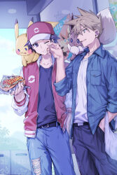  2boys 2girls 88_(einnimnech) bag baseball_cap black_hair black_pants black_shirt blue_jacket blue_oak blue_pants brown_eyes brown_hair closed_mouth collarbone commentary_request convenience_store eevee food hand_on_another's_cheek hand_on_another's_face hat highres holding holding_food hot_dog jacket jewelry male_focus multiple_boys multiple_girls necklace on_shoulder open_mouth pants pikachu pokemon pokemon_(creature) pokemon_on_shoulder pokemon_red/green/blue/yellow poster_(object) red_(pokemon) red_hat red_jacket shirt shop shopping_bag short_hair smile spiky_hair torn_clothes torn_pants trash_can victini white_shirt 