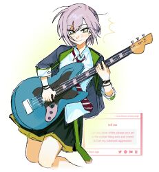  1girl abusivegal bass_guitar black_skirt blush bracelet closed_mouth collared_shirt commentary contrast_lapels cowboy_shot diagonal-striped_clothes diagonal-striped_necktie english_commentary english_text fan_request fender_jazz_bass green_eyes grey_hair grey_jacket highres hinomori_shiho instrument jacket jewelry lapels looking_at_viewer multiple_bracelets music necktie open_clothes open_jacket playing_bass_guitar playing_instrument pleated_skirt project_sekai red_necktie request_inset screenshot_inset shirt short_hair sidelocks simple_background skirt sleeves_rolled_up smile solo strawpage striped_clothes untucked_shirt white_background white_shirt wing_collar 