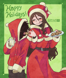  1boy 1girl aizawa_sachi black_hair black_skin brown_hair chocolate_chip_cookie christmas closed_eyes closed_mouth colored_skin commentary_request cookie cup dated drinking_glass feeding food hat holding holding_cup holding_plate hood hood_up hooded_jacket jacket long_hair long_sleeves open_mouth original plate red_hat red_jacket santa_costume santa_hat short_hair tongue tongue_out twitter_username 