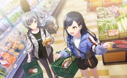  2girls :d :o backpack bag black_bag black_hair black_shirt black_shorts blue_hair breast_pocket brown_shoes carrot collared_jacket colorful_palette crossbody_bag dot_nose earrings food food_packaging frilled_sleeves frills game_cg gradient_hair green_eyes grey_hair grey_pants hair_flaps hair_ornament hairclip highres hinomori_shiho index_finger_raised instrument instrument_case instrument_case_on_back jacket jewelry koukyou_suru_machi_no_katasumi_de_(project_sekai) light_blush long_hair long_sleeves looking_at_another multicolored_hair multiple_girls official_art onion open_mouth orange_eyes pants peanut plaid_clothes plaid_jacket pocket pointing project_sekai puffy_long_sleeves puffy_sleeves shiraishi_an shirt shoes shop shopping_bag shopping_basket short_shorts shorts smile star_(symbol) star_earrings star_hair_ornament swept_bangs third-party_source three-quarter_sleeves tongue turnip vegetable white_shirt zipper zipper_pull_tab 