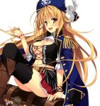  :d absurdres arm_support ascot black_legwear blonde_hair boots bracelet breasts cleavage coat coat_over_shoulders coin corset crossed_legs epaulettes erect_nipples front-tie_top hat highres jacket_on_shoulders jewelry jolly_roger knee_boots large_breasts legs_crossed long_hair looking_at_viewer navel open_mouth original pirate_hat shiny shiny_skin sitting skull_and_crossed_swords smile solo thigh-highs thighhighs treasure_chest yellow_eyes yuuki_hagure 
