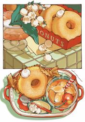  cherry commentary_request cream doughnut drink drinking_straw flower food food_focus fruit highres ice ice_cube lily_of_the_valley no_humans original spoon tiles tray trym_hinano water 