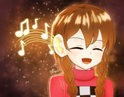  1girl :d artist_name braid brown_background brown_hair closed_eyes commentary english_commentary happy highres jayfonzil long_hair madotsuki musical_note musical_staff print_sweater red_sweater smile solo sweater twin_braids twitter_username upper_body yume_nikki 