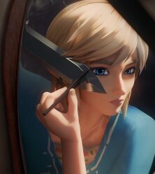 1boy 3d absurdres applying_eyeliner applying_eyeliner_with_knife_(meme) applying_makeup applying_own_makeup black_eyeliner blonde_hair blue_eyes blue_tunic blurry closed_mouth commentary depth_of_field earrings english_commentary eyeliner fugtrup highres holding jewelry link looking_at_mirror makeup male_focus meme mirror protected_link reflection reflection_focus solo sword the_legend_of_zelda the_legend_of_zelda:_breath_of_the_wild tunic weapon 