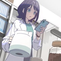  1girl auklet5580 black_hair cellphone cho_kaguya-hime! collarbone commentary drooling from_below green_eyes highres holding holding_phone holding_pitcher lab_coat long_sleeves looking_at_phone medium_hair mole mole_under_eye phone pitcher_(container) sakayori_iroha solo upper_body 