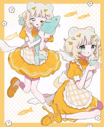  >_o 1girl :q ;3 ;d animal animal_ears apron bear_ears bear_girl bear_tail blonde_hair blush_stickers border commentary_request cupcake double_horizontal_stripe dress fang fish food food_on_face frilled_apron frills full_body gingham_apron gingham_clothes green_eyes heart heart_in_eye highres holding holding_animal holding_fish holding_food looking_at_viewer multiple_views niyu_(nennenkorori3) one_eye_closed open_mouth orange_dress orange_shoes original outside_border shoes short_hair short_sleeves simple_background sitting skirt smile socks standing standing_on_one_leg striped_clothes striped_skirt symbol_in_eye tail tongue tongue_out wariza white_apron white_background white_socks yellow_border 