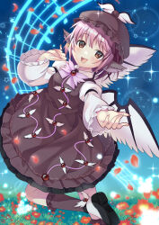  1girl animal_ears bird_ears bird_wings black_shoes blush breasts brown_dress brown_eyes brown_hat commentary_request dress earrings falling_petals fingernails flower flower_request hat highres hoop_earrings jewelry leg_up lens_flare long_fingernails long_sleeves looking_at_viewer medium_breasts medium_hair musical_note musical_staff mystia_lorelei nekosugi_(hoshi) open_mouth petals pink_hair red_flower red_petals sharp_fingernails shoes short_hair smile solo sparkle touhou winged_hat wings 
