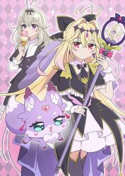  1girl antenna_hair black_capelet black_dress black_ribbon blonde_hair brooch capelet closed_mouth commentary_request cure_arcana_shadow diamond_hairband dot_mouth dress earrings eating fairy floating_earrings food frilled_capelet frilled_cuffs frills gradient_hair hair_intakes hair_ribbon heart heart_brooch highres holding holding_ice_cream_cone holding_rod ice_cream ice_cream_cone jewelry long_hair looking_at_viewer magical_girl mashu-tan meitantei_precure! moria_luluka multicolored_hair multiple_scoops multiple_views ono_(wimawi838) pink_eyes pink_hair precure purple_thighhighs purple_veil purple_wrist_cuffs ribbon rod solo tear_arcana_rod thigh-highs veil very_long_hair violet_eyes wrist_cuffs zettai_ryouiki 