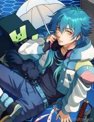  1boy belt black_belt black_dog blue_jacket boots denim dog dramatical_murder gloves hair_between_eyes headphones headphones_around_neck highres jacket jeans looking_at_viewer makoaotori male_focus multicolored_jacket nitro+_chiral pants ren_(dramatical_murder) seragaki_aoba solo umbrella white_jacket yellow_eyes 