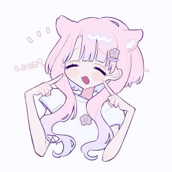  1girl :d ^_^ animal_ear_fluff animal_ears blunt_bangs blush_stickers cat_ears cat_girl closed_eyes commentary_request cropped_torso flower hair_flower hair_ornament highres long_hair niyu_(nennenkorori3) open_mouth original pink_hair pointing pointing_at_self shirt short_sleeves simple_background smile solo white_background white_shirt 