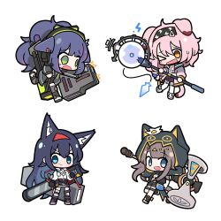  4girls :d ahoge animal_ear_fluff animal_ears animal_hood arknights bag big_hair black_boots black_gloves black_hairband black_jacket black_shoes black_shorts black_skirt black_socks blaze_(arknights) blue_eyes blue_hair blunt_bangs blush boots braid brown_hair cat_ears cat_girl cat_hood cat_tail chibi chibi_only coat collared_shirt confident crossed_bangs earrings exhausted flower full_body garter_straps gloves goldenglow_(arknights) green_eyes grey_thighhighs hair_flower hair_ornament hairband hammer happy headband headset highres holding holding_staff hood hood_up hooded_jacket hoodie huge_weapon jacket jessica_(arknights) jewelry knee_pads long_sidelocks looking_at_viewer malrangdonut multicolored_hair multiple_girls multiple_thigh_straps one_eye_closed pepe_(arknights) pink_coat pink_hair pink_shoes ponytail purple_hair red_headband running scared shirt shoes shorts sidelocks single_thighhigh skirt smile socks staff standing standing_on_one_leg streaked_hair stud_earrings sweatdrop sword sword_on_back tail tank_top tears thigh-highs thigh_strap unkempt wavy_eyes wavy_hair wavy_mouth weapon weapon_on_back white_background white_garter_straps white_shirt white_shoes white_thighhighs yellow_eyes 