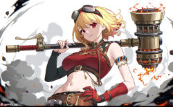  1girl armlet belt blonde_hair brown_belt crop_top earrings fire flaming_weapon gloves goggles goggles_on_head hammer hand_on_own_hip holding holding_hammer hololive hololive_indonesia jewelry jurrig kaela_kovalskia kaela_kovalskia_(4th_costume) midriff navel no_coat over_shoulder red_eyes single_glove single_sleeve smoke twitter_username virtual_youtuber weapon weapon_over_shoulder 