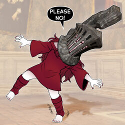  1girl armor bare_legs barefoot commentary contrast dark_souls_(series) dark_souls_i english_commentary fantasy feet full_body helmet highres legs long_hair magical_girl meme original parody red_eyes red_hair soles solo toenails toes 