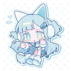  +_+ 1girl :3 animal_ear_hairband animal_ears blue_eyes blue_hair blue_shoes blunt_bangs blush_stickers bow cat_ear_hairband cat_ears cat_girl cat_tail chibi chibi_only commentary_request earmuffs fake_animal_ears full_body hairband highres long_hair looking_at_viewer niyu_(nennenkorori3) open_mouth original outline shirt shoes shorts sleeveless sleeveless_shirt sneakers socks solo standing tail tail_bow tail_ornament two_side_up very_long_hair white_background white_bow white_outline white_shirt white_shorts white_socks 