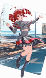  1girl absurdres ahoge belt black_boots boots buttons chinese_commentary commentary_request double-breasted dress drill_hair frilled_skirt frills full_body grey_jacket grey_skirt hair_ribbon hands_up high_collar highres jacket kasane_teto kasane_teto_(sv) layered_dress navel open_mouth railroad_tracks red_eyes red_hair red_trim ribbon shanqianqian_377 shoulder_boards simple_background skirt smile solo synthesizer_v train twin_drills twintails utau 