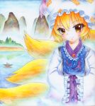  bad_id blonde_hair blue_sky boat breasts bust fox_tail frown hands_in_sleeves hat hat_with_ears japanese_clothes lake lips long_sleeves looking_at_viewer mountain multiple_tails pastel_(medium) qqqrinkappp reflection short_hair sky solo tabard tail tassel touhou traditional_media tree watercolor_pencil_(medium) yakumo_ran yellow_eyes 