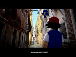  1boy 1girl ash_ketchum bianca_(pokemon_heroes) black_hair blue_jacket building commentary day hat jacket letterboxed mayotsunamayo murkrow outdoors photo_background pokemon pokemon_(anime) pokemon_(classic_anime) pokemon_(creature) pokemon_heroes:_latios_&amp;_latias red_hat short_hair short_sleeves sky standing twitter_username venice 