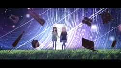  2girls absurdres animal_ear_headphones animal_ears black_hair black_shirt breast_pocket cat_ear_headphones cat_ears cho_kaguya-hime! closed_umbrella commentary_request computer door fake_animal_ears food grass green_pajamas headphones highres holding_hands instrument keyboard_(instrument) laptop long_hair multicolored_hair multiple_girls nakisunananana nocturnal_kids_(vocaloid) pajamas pancake pancake_stack parted_lips pink_hair pink_shoes pocket runami_yachiyo sakayori_iroha shirt shoes short_sleeves smile star_(sky) two-tone_hair umbrella umbrella_octopus very_long_hair white_hair yuri 