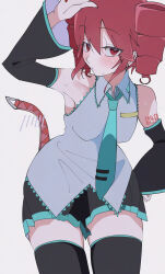  1girl absurdres alternate_costume arm_tattoo arm_up armpits belt black_skirt black_sleeves blue_trim blush closed_mouth collared_shirt commentary cosplay cowboy_shot detached_sleeves drill_hair eyelashes grey_shirt hair_between_eyes hand_on_own_hip hand_to_forehead hatsune_miku hatsune_miku_(cosplay) highres ichiru_(ichill) kasane_teto leaning_forward long_sleeves looking_at_viewer miniskirt necktie puckered_lips red_eyes red_hair red_tattoo shirt simple_background skindentation skirt sleeveless sleeveless_shirt solo sweatdrop tattoo tie_clip twin_drills upper_body utau white_background zettai_ryouiki 