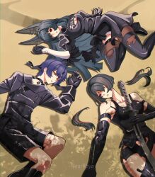  1boy 2b_(nier:automata) 2girls 9s_(nier:automata) a2_(nier:automata) absurdres android animal_ears asaba_harumasa bare_shoulders black_choker black_dress black_gloves black_hair black_hairband black_thighhighs boots by_nearreya choker clothing_cutout dress elbow_gloves floor fox_ears fox_girl gloves hairband hetero highres holding holding_sword holding_weapon hoshimi_miyabi jacket joints long_hair long_sleeves lying multicolored_hair multiple_girls nier:automata nier_(series) on_floor puffy_sleeves red_eyes red_streaks robot_joints short_hair shorts streaked_hair sword thigh-highs weapon yellow_eyes zenless_zone_zero zhu_yuan 