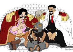  4boys abs beard black_jacket black_pants boots brown_boots coat coat_on_shoulders commentary_request connected_beard crossover dungeon_meshi eisen_(sousou_no_frieren) epaulettes facial_hair fake_horns full_beard gol_d._roger handlebar_mustache helmet horned_helmet horns jacket male_focus mature_male monkey_d._garp multiple_boys musasabiop mustache necktie one_piece orange_pants pants pink_shirt pointing red_necktie sensei_(blue_archive) shirt sitting sousou_no_frieren white_coat 