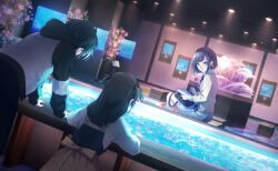  1boy 2girls back_ribbon bag black_hair black_hoodie black_pants black_ribbon braid brown_bag brown_cardigan brown_hair brown_ribbon cardigan closed_mouth collared_shirt colorful_palette dot_nose expressionless fish flower frilled_skirt frills from_behind game_cg highres holding holding_pencil holding_sketchbook hood hood_down hoodie indoors koukyou_suru_machi_no_katasumi_de_(project_sekai) light_particles long_hair long_sleeves looking_down multiple_girls museum neck_ribbon official_art pants pencil pink_flower project_sekai ribbon shinonome_ena shirt short_hair side_braid single_braid sitting sketchbook skirt split_mouth third-party_source two-tone_hoodie two_side_up water white_hoodie white_shirt white_skirt 