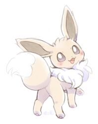  animal_focus blush bright_pupils brown_fur commentary_request eevee fluffy full_body highres looking_at_viewer looking_back lovewolf5122 neck_fur no_humans open_mouth pawpads pokemon pokemon_(creature) pokemon_focus simple_background solo standing violet_eyes white_background white_fur white_pupils 