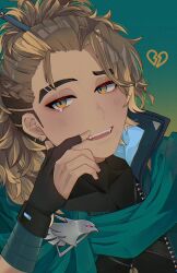  1boy anemyuri black_gloves black_shirt blush broken_heart brown_hair collared_jacket commentary compression_shirt dark-skinned_male dark_skin ear_piercing eyebrow_cut fingerless_gloves gloves goldbullet green_background green_eyes green_scarf hand_to_own_mouth heart high_collar holostars holostars_english jacket jewelry light_blush long_hair male_focus multicolored_eyes necklace open_mouth orange_eyes partially_fingerless_gloves pencil pencil_in_hair piercing ponytail portrait scarf shirt single_tear solo undercut untranslatable_commentary virtual_youtuber 