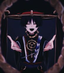  1boy 316_yogurt beckoning black_background black_hair black_kimono black_mouth black_sleeves black_veil blunt_ends bodysuit choppy_bangs closed_eyes commentary_request eyeliner facing_viewer genshin_impact gold hand_up hat highres japanese_clothes jewelry jingasa juban kimono layered_sleeves makeup male_focus mandarin_collar mitsudomoe_(shape) neck_ring o-ring open_hands open_mouth pov_peephole purple_rope purple_sash purple_sleeves red_eyeliner red_hat red_kimono red_sash rope sash scaramouche_(genshin_impact) shimenawa single_sode solo straight-on tassel teeth tomoe_(symbol) upper_body veil white_kimono white_rope white_trim 