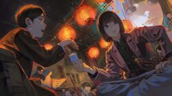  black_eyes black_hair black_shirt bob_cut character_request collared_shirt commentary_request dutch_angle from_below giving hair_behind_ear highres indian_style indoors jacket katana kyuuba_melo lantern lapels nippon_sangoku official_art open_mouth paper_lantern shirt short_hair sitting sword weapon zoom_layer 