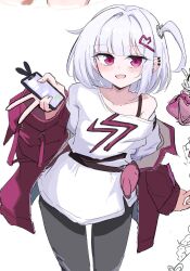  1girl blush bone_hiko copyright_request grin gyaru_v highres looking_at_viewer open_mouth smile v white_background white_hair 
