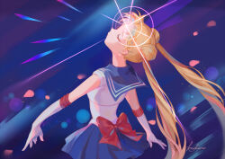  1girl back_bow bishoujo_senshi_sailor_moon blonde_hair blue_background blue_sailor_collar blue_skirt bow closed_eyes commentary dated_commentary double_bun earrings elbow_gloves english_commentary facing_up gloves hair_bun jewelry koichame long_hair magical_girl meme red_bow sailor_collar sailor_moon sailor_moon_redraw_challenge_(meme) sailor_senshi sailor_senshi_uniform scene_reference signature skirt tsukino_usagi twintails white_gloves 