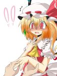  1girl ascot blonde_hair blush bust engagement_ring fang flandre_scarlet gomasamune hat jewelry long_hair open_mouth proposal red_eyes ring side_ponytail solo sweatdrop touhou 