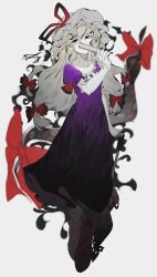  1girl black_eyes blonde_hair blurry blurry_background boots bow commentary_request covering_own_mouth elbow_gloves folding_fan full_body gap_(touhou) gloves hair_bow hand_fan hat hat_ribbon highres holding holding_fan holding_umbrella long_hair mob_cap multiple_hair_bows o_(crazyoton46) puffy_short_sleeves puffy_sleeves red_bow ribbon short_sleeves simple_background solo touhou umbrella very_long_hair violet_eyes white_background white_gloves white_hat yakumo_yukari 