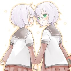  2girls black_sailor_collar book closed_eyes commentary_request dress facing_another glasses green_eyes holding holding_book holding_hands ikeda_chitose ikeda_chizuru light_blush looking_at_another multiple_girls nanamori_school_uniform nogi_(noooog) outline pleated_dress red_dress rimless_eyewear round_eyewear sailor_collar sailor_shirt school_uniform shirt siblings sisters smile twins white_hair white_shirt yellow_outline yuruyuri 